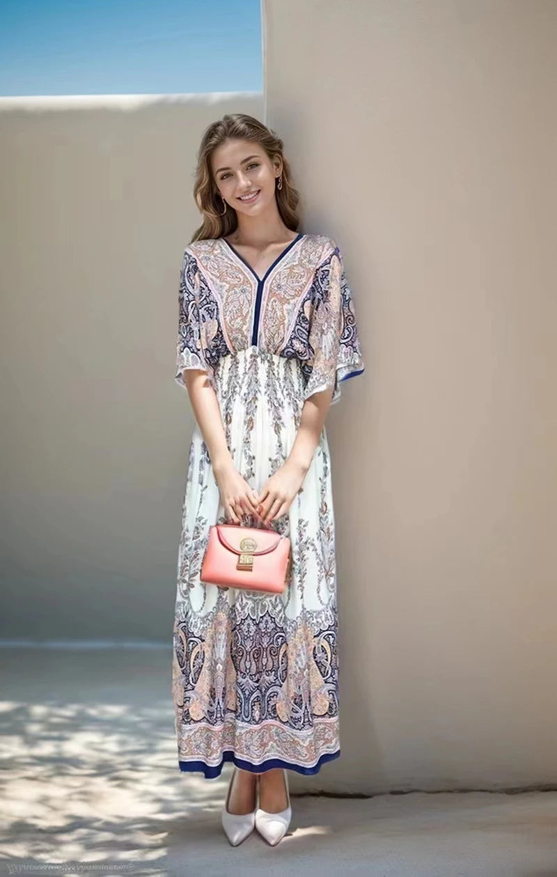 Short Sleeve Maxi Dress Women Dresses Summer Spring Fashion Female Vestido Vintage V-neck Print Floral Poplin Boho Beach Dresses