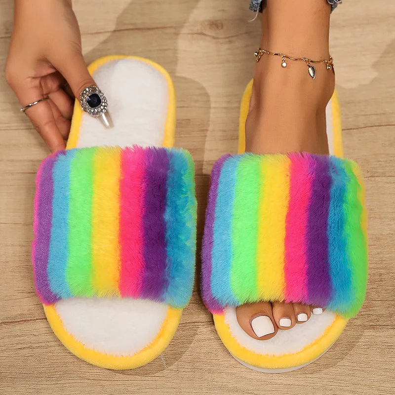 Colorful Fluffy Fur Slippers Women 2024 Winter Warm Flat Heels Home Cotton Slippers Woman Non Slip Indoor House Shoes Slides