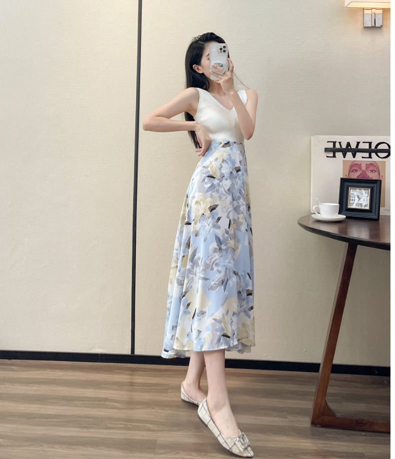 2022 Summer High Waist Women Skirts Casual Floral Printed Chiffon Woman Midi Skirts Bohemian Beach Holiday Long A-line Skirts