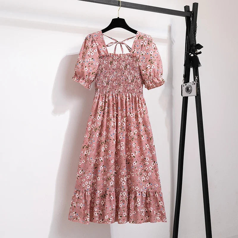 Spring Summer Chiffon Dresses Fashion Female Elastic Waist Short Sleeve Pleated Casual Dress Women A-line Dresses Vestidos