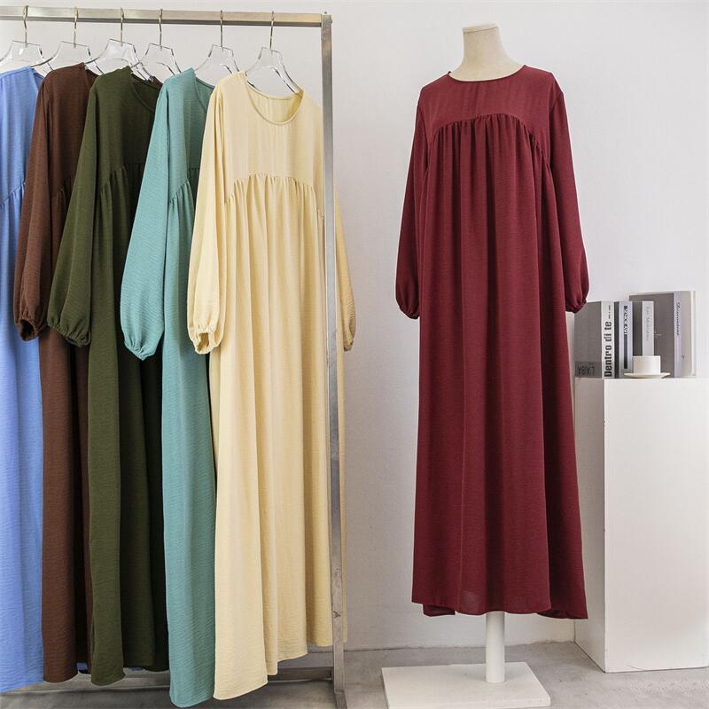 Spring Autumn Muslim Dress Women Loose Maxi Dresses Fashion Female Full Sleeve Casual Solid Pockets Robe Long Dresses Vestidoes