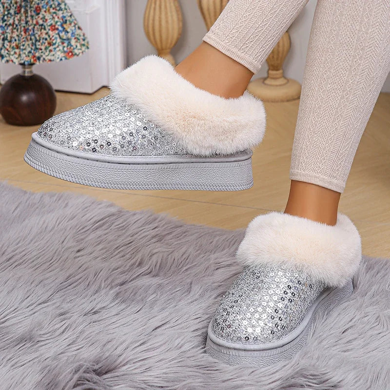 Shiny Silver Sequin Snow Boots Women 2024 Winter Warm Thicken Plush Platform Ankle Boots Woman Thick Bottom Cotton Padded Shoes