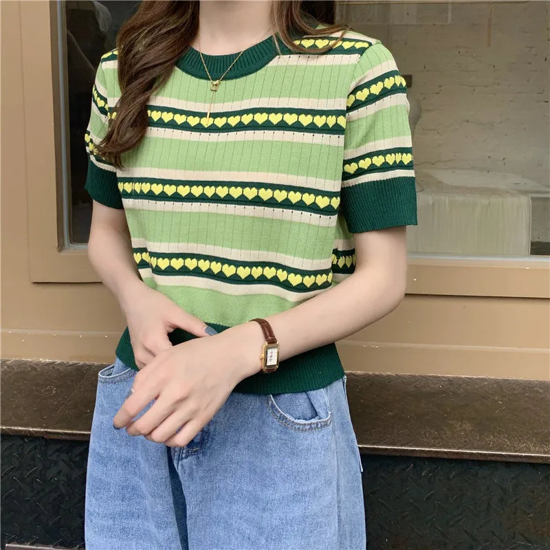 Spring Summer Women Knitted T-Shirts Striped Short Sleeve Shirts Tops Female Elastic Casual Knit Tee Crop Tops Women's T-Shirts