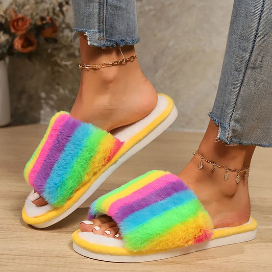 Colorful Fluffy Fur Slippers Women 2024 Winter Warm Flat Heels Home Cotton Slippers Woman Non Slip Indoor House Shoes Slides