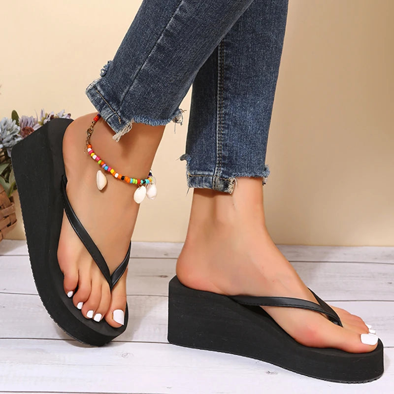 Women's Summer Beach Wedges Flip-Flops Lightweight Clip Toe Platform Sandals Woman High Heeled Outdoor Slides Orthopedic Shoes