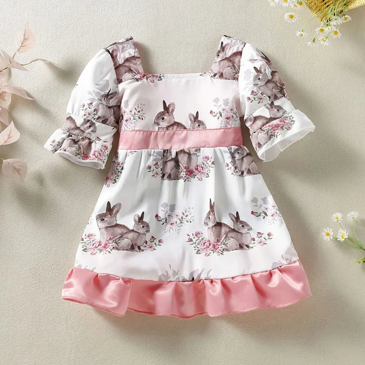 Cartoon Rabbit Kids Dresses for Girls Summer Children Girl Dress Cotton Short Sleeve Girls Casual Dresses 1-3 Years