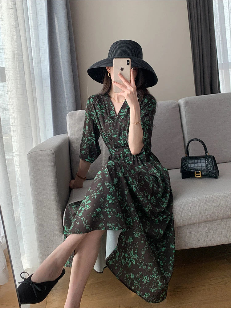 Spring Summer Printed Floral Dress Women Casual Dresses Fashion Female Vestidos Short Sleeve Vintage V-neck A-line Dresses