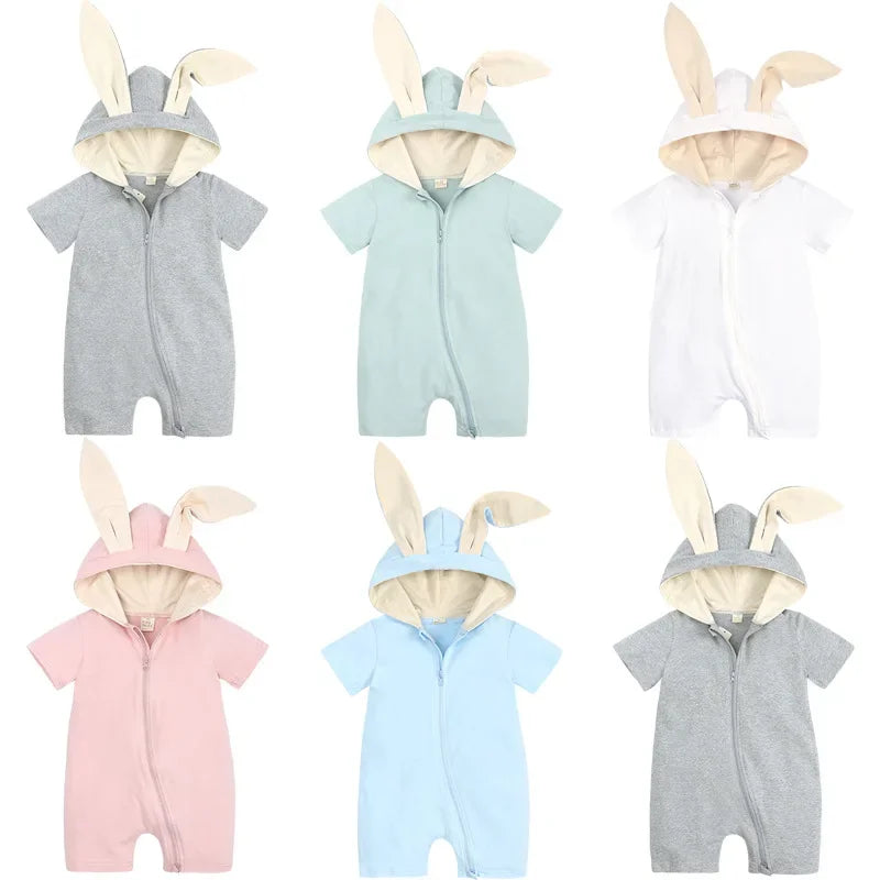 Cartoon Rabbit Girls Rompers Cotton Short Sleeve Hooded Zipper Newborn Clothes Boys Rompers Summer Baby Clothing 3-18 Months