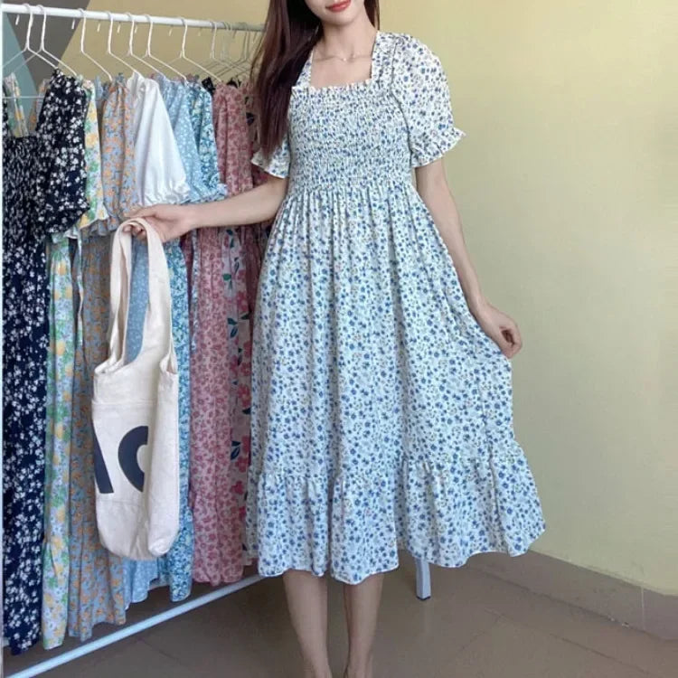 Spring Summer Elastic Waist Chiffon Dress Women Casual Dresses Vestidos Fashion Female Short Sleeve Pleated A-line Dresses