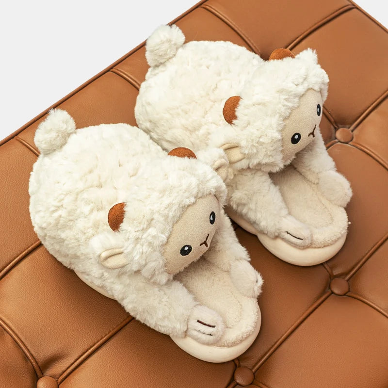 Cartoon Sheep Fluffy Cotton Slippers Women 2024 Winter Warm Soft Sole Home Slippers Woman Cute Couple Indoor House Cotton Shoes