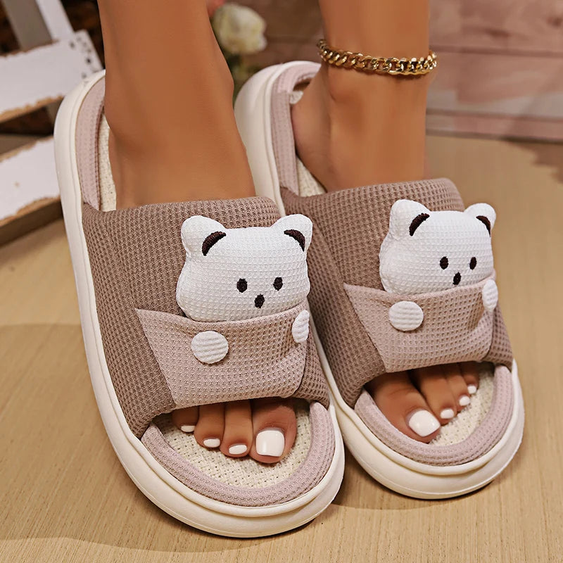 Cute Cartoon Bear Home Slippers Women 2024 Winter Comfort Soft Sole Linen Slippers Woman Non Slip Flat Heels House Shoes Slides