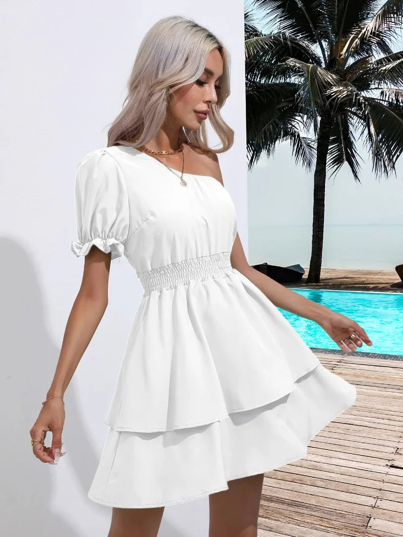 Summer Puff Sleeve One-Shoulder Women Dress Beach Pleated Ruffles Mini Woman Dresses Elastic Waist Diagonal collar Vestidos