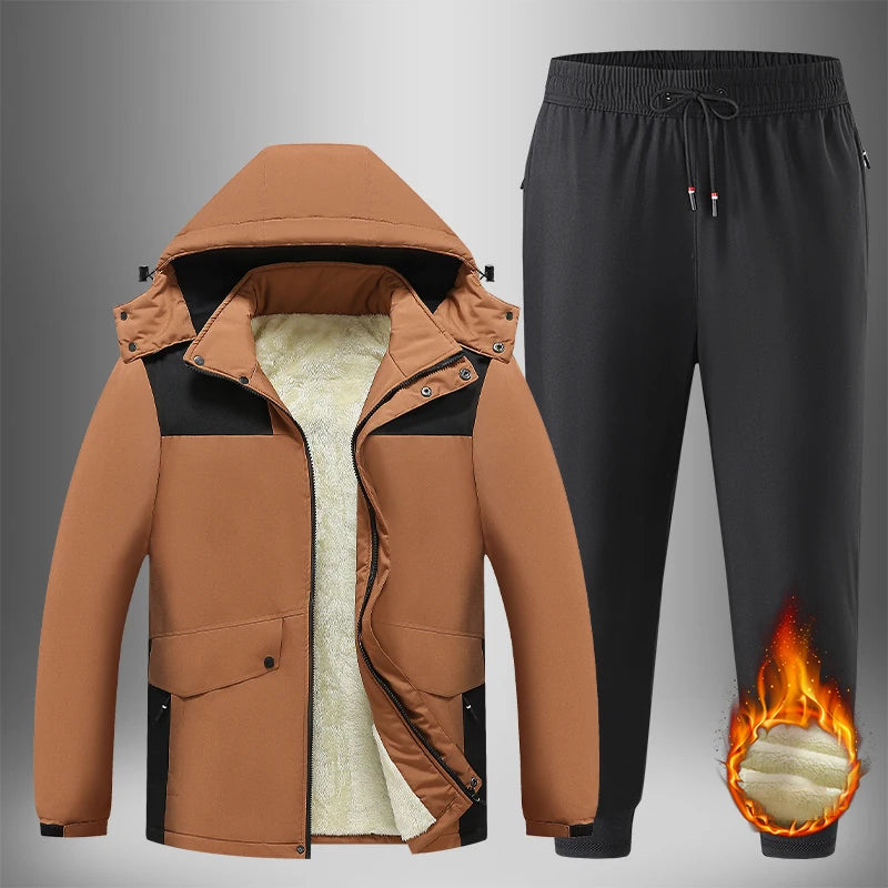 Winter Men Hooded Fleece Windproof Sport Suits Man Jogger Outdoor Hiking Sets Jackets Pants Male Thicken Cargo 2 Pcs Suit Parkas