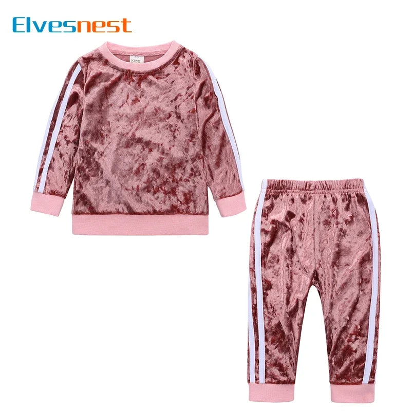 Fashion Kids Clothes Girl Outfit Set Gold Velvet Long Sleeve Tops Pants 2 PCS Spring & Autumn Children Clothing 1-4 Years