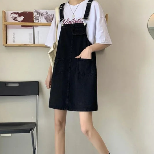 Spring Summer Black Denim Overall Dress Women Casual Sleeveless Jeans Dresses Fashion Female Loose Spaghetti Strap Dresses Girls