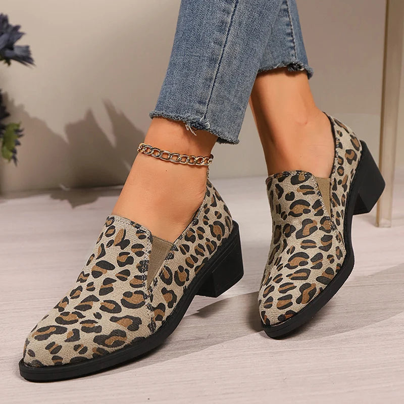 Sexy Leopard High Heels Loafers Woman 2024 Autumn Pointed Toe Thick Heeled Pumps Woman Plus Size 43 Slip On Casual Shoes Mujer