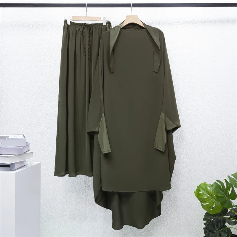 Muslim Sets Two Pieces Prayer Clothing Long Hooded Smocking Sleeve Shirts Loose Maxi Skirts Muslim Jilbab Hijab Women Abaya Sets