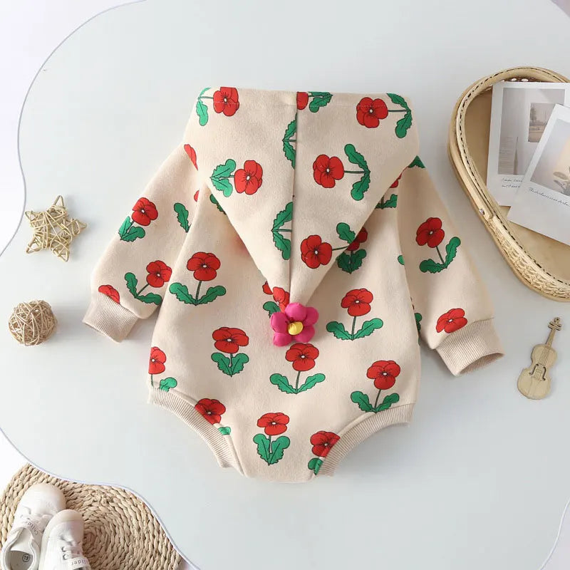 Cartoon Print Long Sleeve Hooded Baby Clothes Girl Bodysuit Spring & Autumn Warm Cotton Infant Girl Bodysuits 3-18 Months