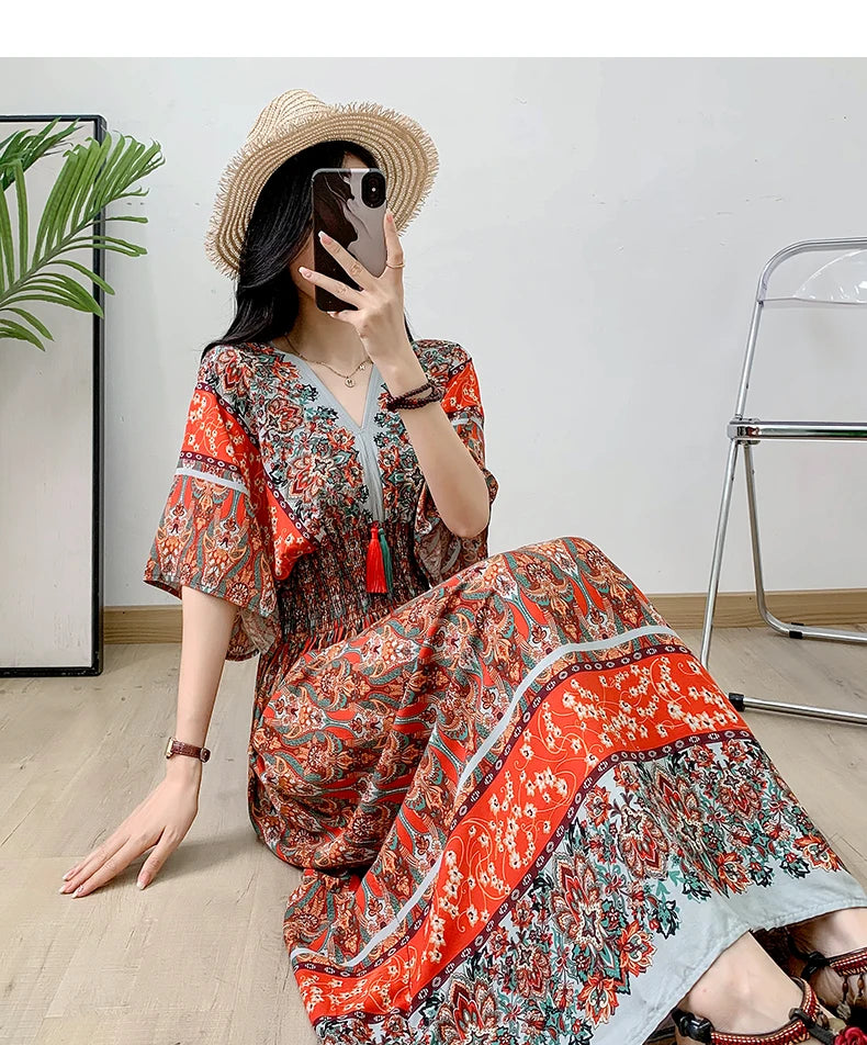 Print Floral Short Sleeve Maxi Dress Women Dresses Summer Spring V-neck Fashion Female Vintage Poplin Bohemian Beach Dresses