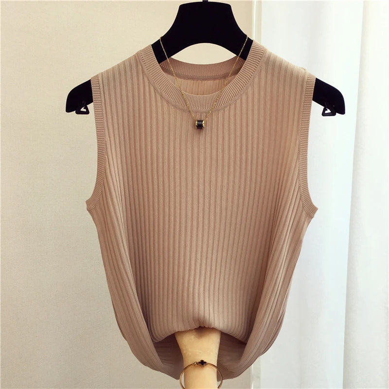 Summer Spring Tanks Top Women Sleeveless Knitted T-Shirts Female Elastic Slim Casual Vests Crop Tops Camis Pullover Shirts