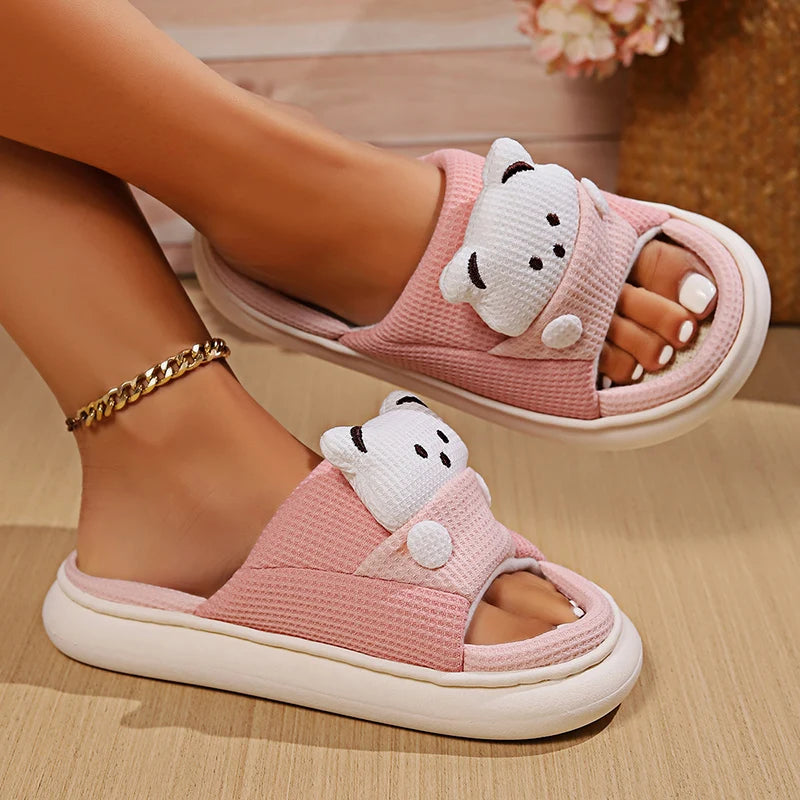 Cute Cartoon Bear Home Slippers Women 2024 Winter Comfort Soft Sole Linen Slippers Woman Non Slip Flat Heels House Shoes Slides