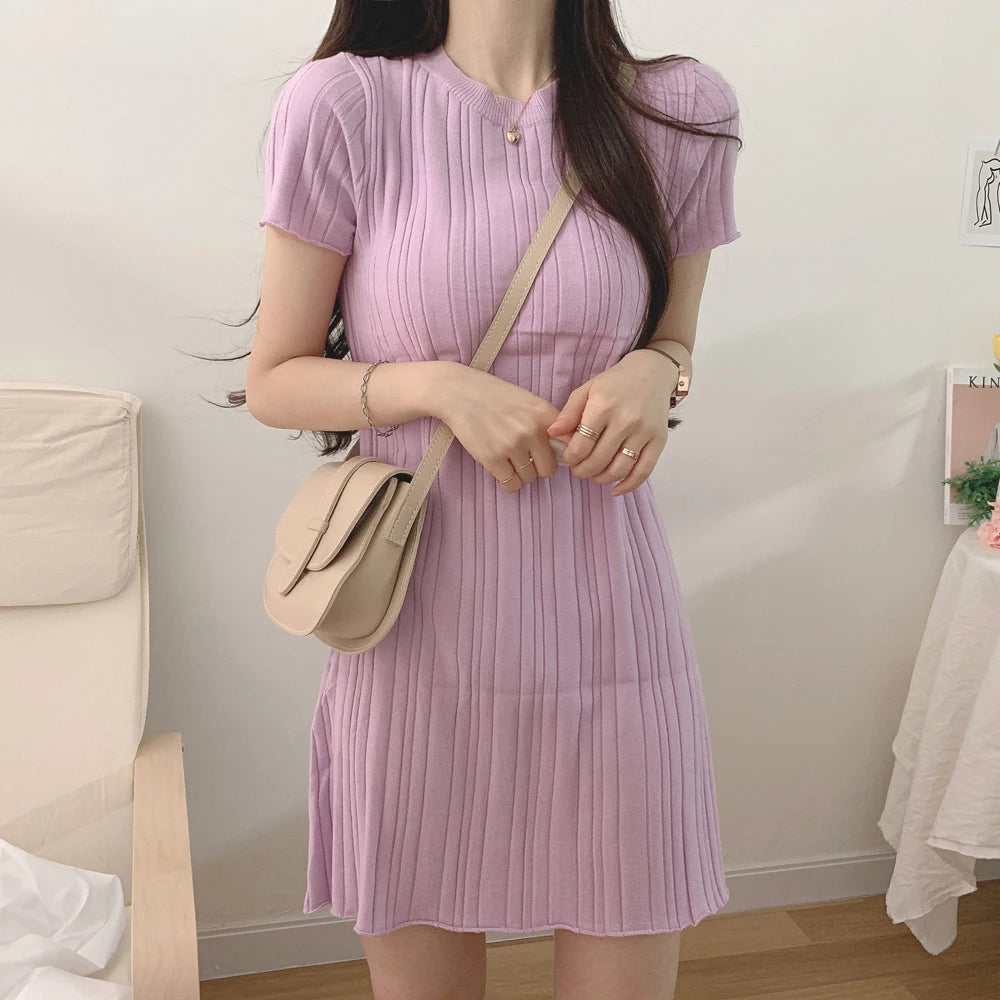 Short Sleeve Casual Knit Dress Women Mini Dresses Summer Autumn Fashion Female Elastic Skinny Package Hip Knitted Pencil Dresses