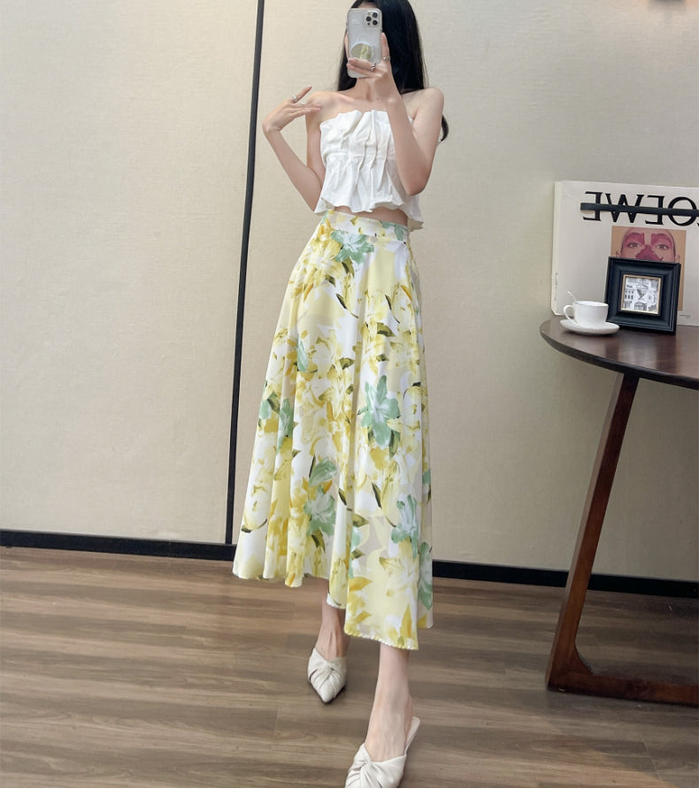 2022 Summer High Waist Women Skirts Casual Floral Printed Chiffon Woman Midi Skirts Bohemian Beach Holiday Long A-line Skirts