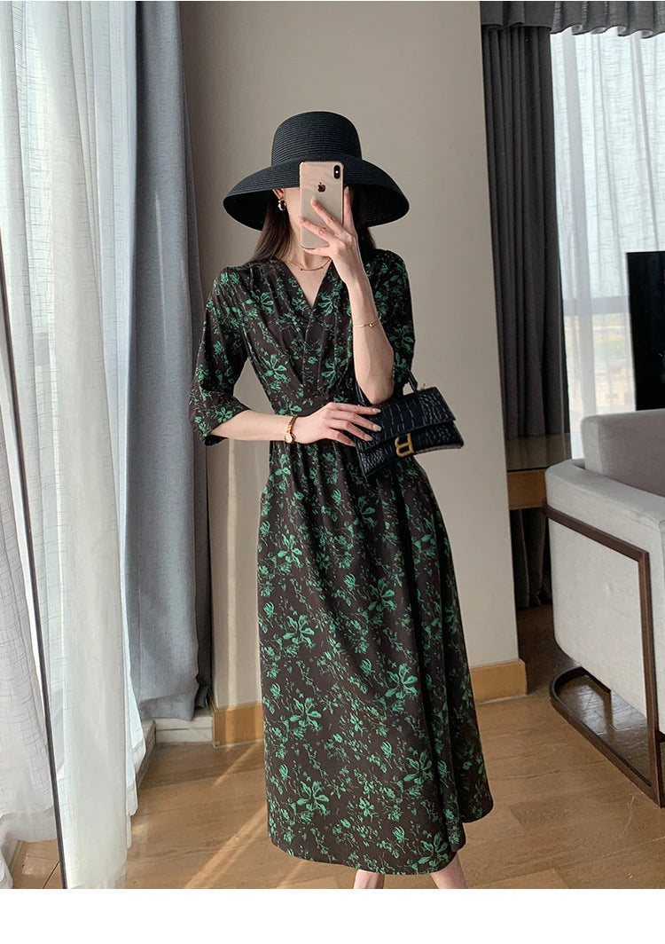 Spring Summer Printed Floral Dress Women Casual Dresses Fashion Female Vestidos Short Sleeve Vintage V-neck A-line Dresses