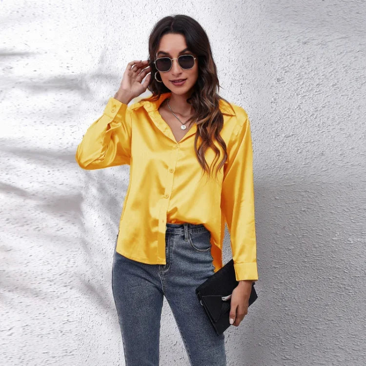 Spring Summer Long Sleeve Women's Silk Shirt Office Ladies Stain Blouses Solid Turn-down Collar Single Breasted Woman Shirts