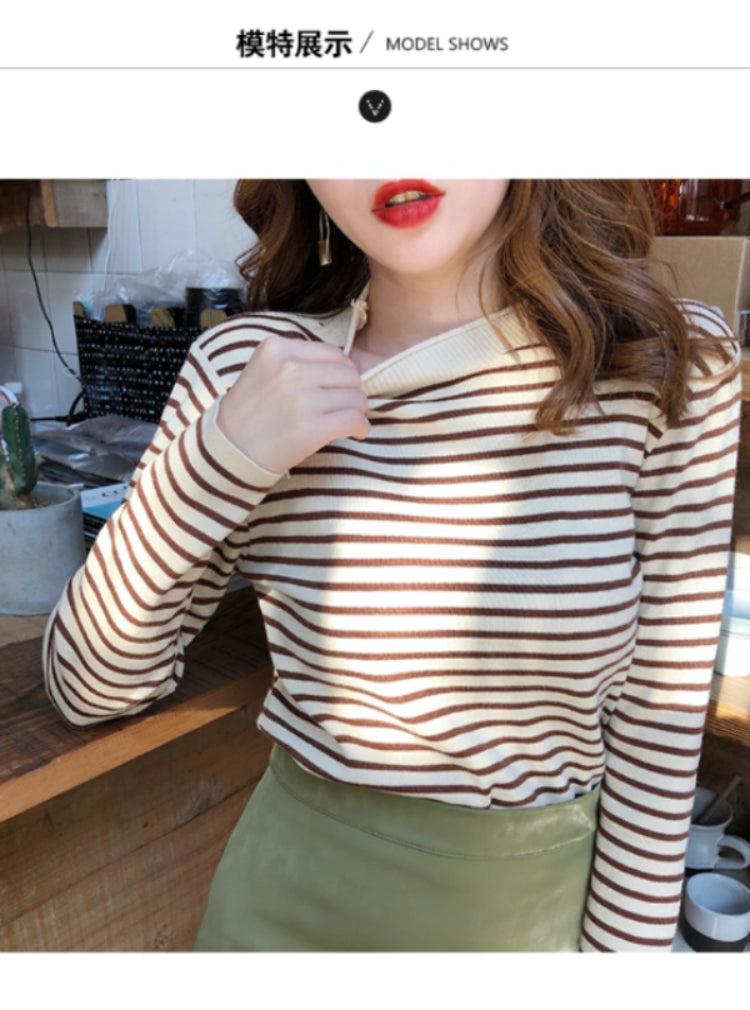 Autumn Winter Women Mock neck Sweaters Pullover Tops Fashion Female Skinny Elastic Long Sleeve Casual Striped Knitted Shirts