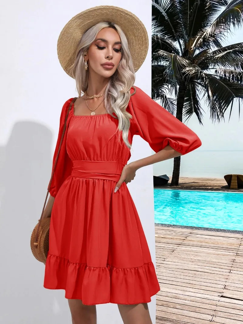 Summer Women Dresses Square Collar Bohemian RUFFLES Elastic Waist Above Knee Mini Dress Short Sleeves Pullover Mujer Vestidos