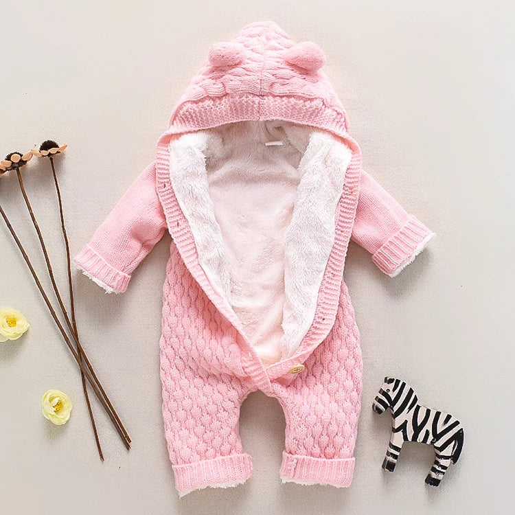 Long Sleeve Hooded Newborn Baby Clothes Knitted Romper Fashoin Solid Color Baby Girl Clothes Winter Warm Infant Clothing