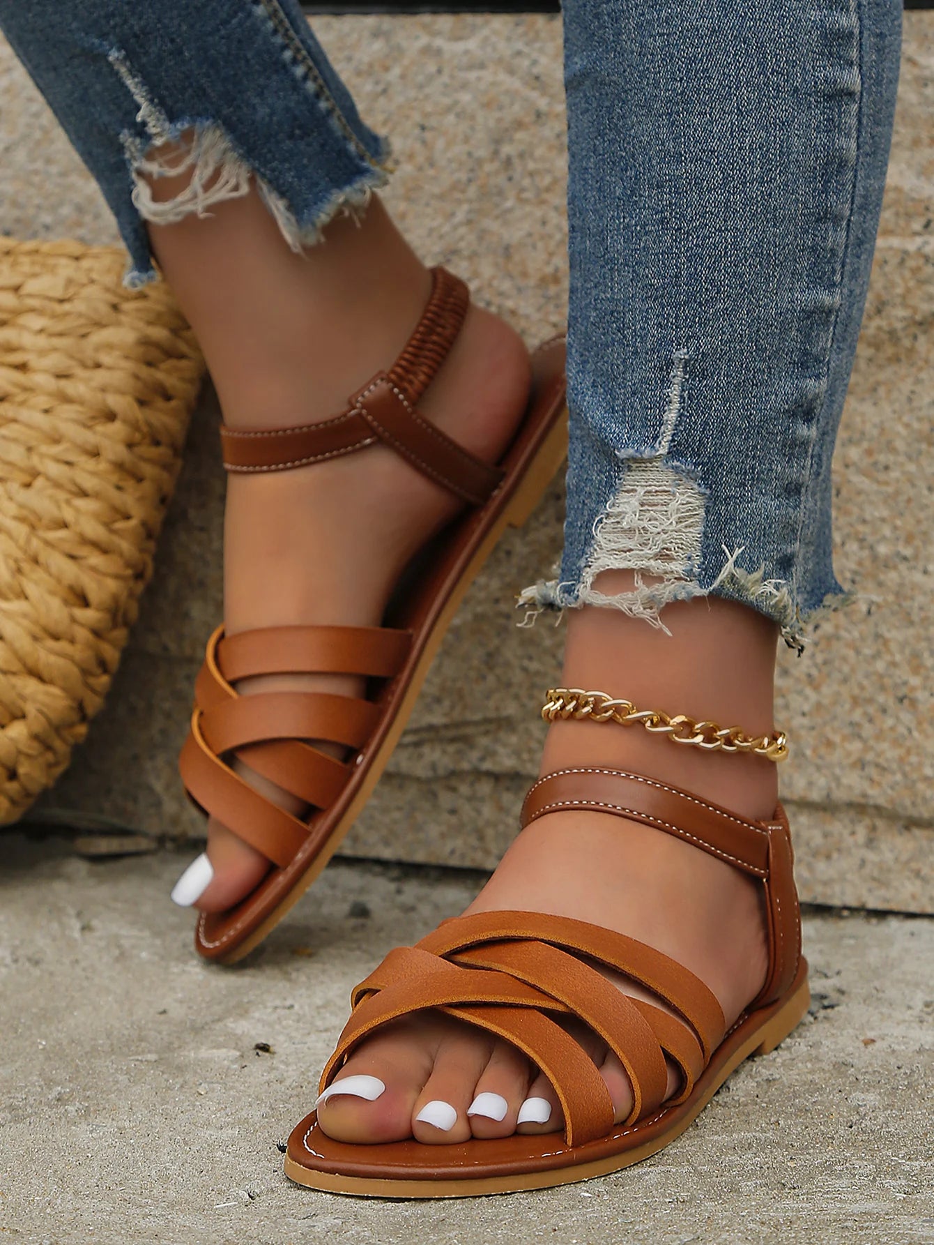 Summer New Women's Flat Cross Strap Roman Sandals