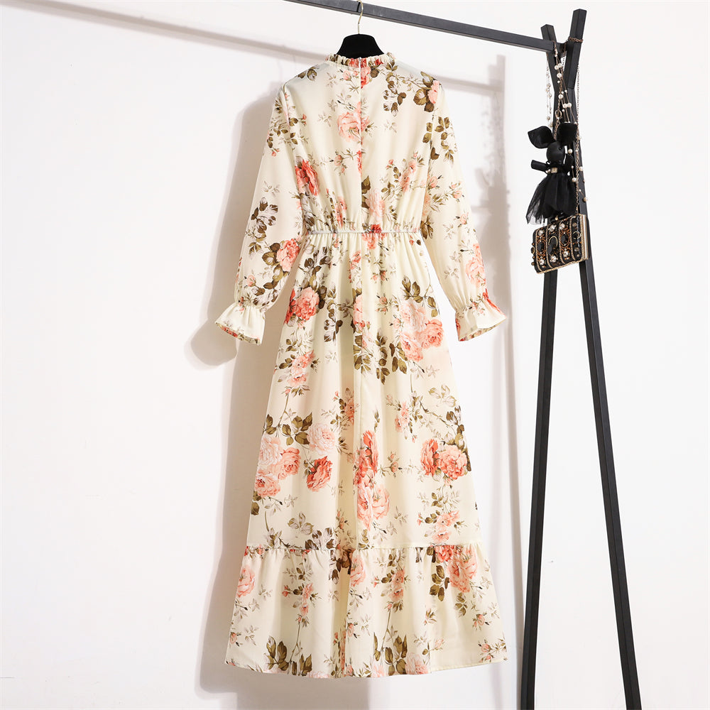 Autumn Spring Vestidoes Woman Chiffon Dresses Full Sleeve Vintage Printed Floral Zipper Casual Long Dress Women Maxi Dresses