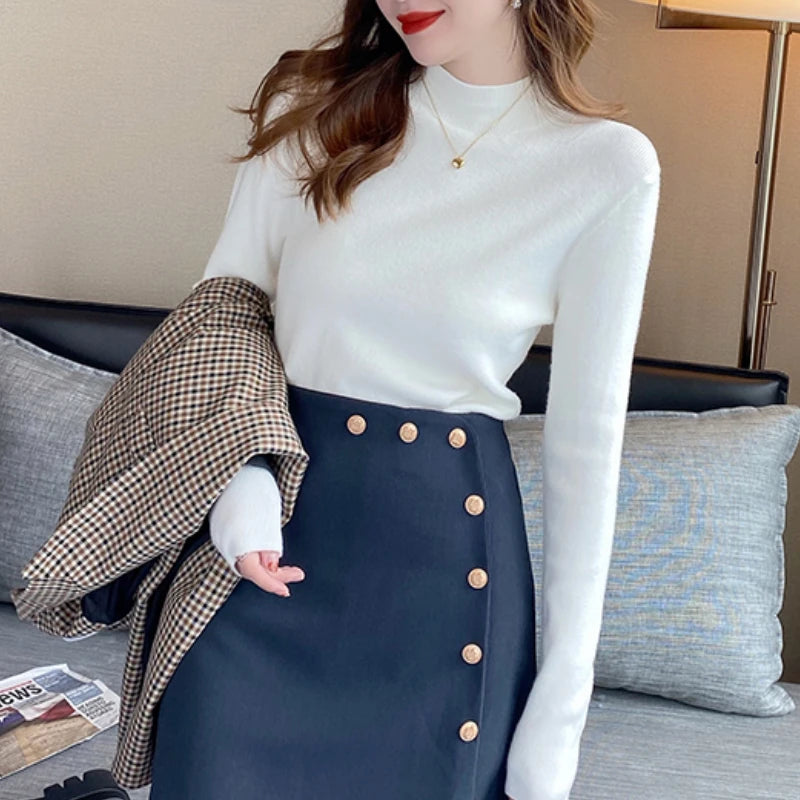 Autumn Winter Women Mock neck Sweaters Pullover Tops Knitwear Fashion Female Long Sleeve Skinny Elastic Casual Knitted Shirts