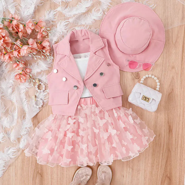 Fashion Children Girl Clothing Sets 4 PCS Cotton Sleeveless Tops Vest Skirt Hat Summer Kids Clothes Girls Outfit 4-7 Years