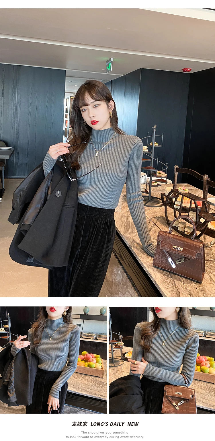 Autumn Winter Knitted Shirt Women Sweater Bottoming Shirts Female Long Sleeve Skinny Elastic Slim Sweaters Knit Pullover Tops