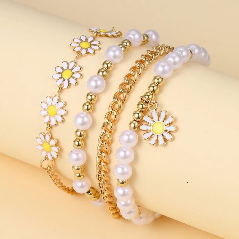 Elegant 4pc Daisy & Imitation Pearl Bracelet Set - Cute Zinc Alloy Jewelry for Stylish Girls, Ideal Gift