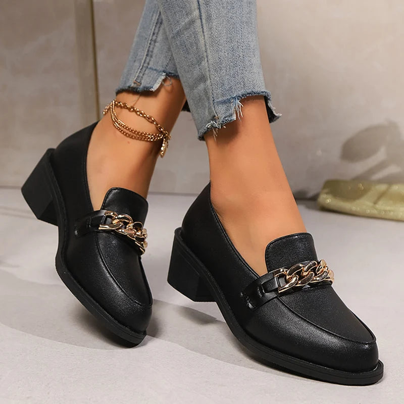 Metal Chain Black High Heels Loafers Woman 2024 Autumn Retro Pu Leather Thick Heel Pumps Woman Slip On Pointed Toe Casual Shoes