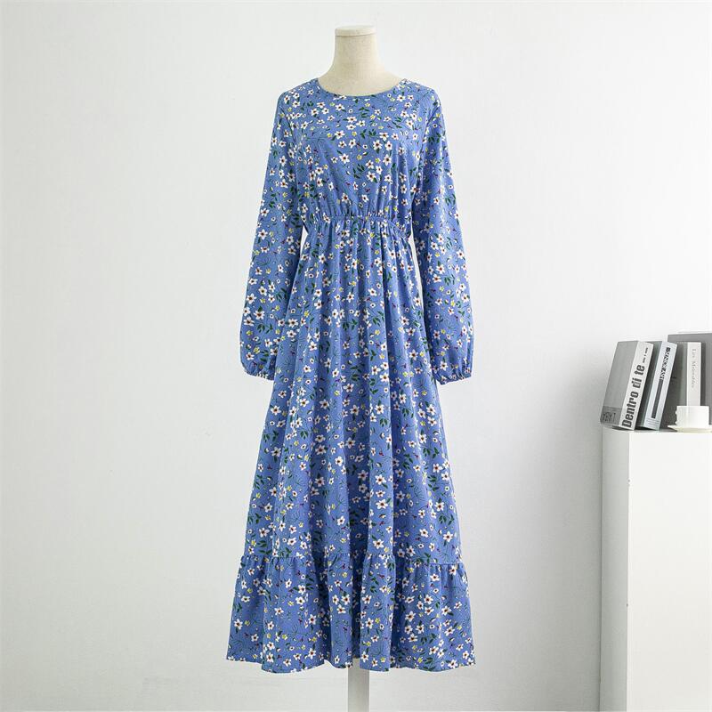 Spring Autumn Women Chiffon Dresses Casual Floral Printed Bark Crinkling Long Dresses O-neck Long Sleeve Loose Muslim Maxi Dress