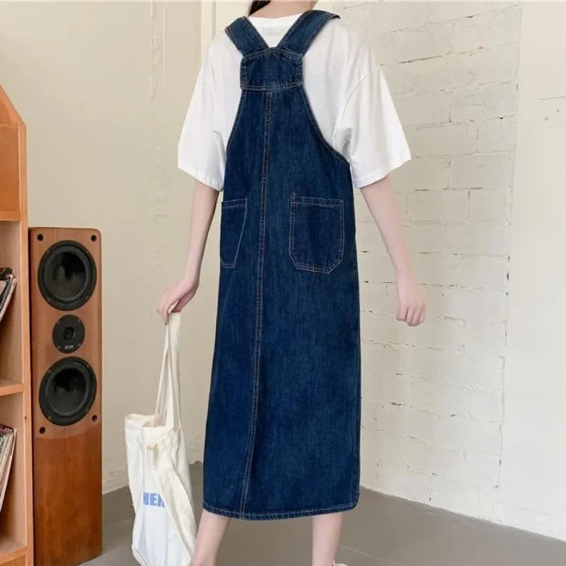 Spring Summer Denim Overall Dress Women Solid Casual Loose Spaghetti Strap Dresses Fashion Female Girls Sleeveless Jeans Dresses