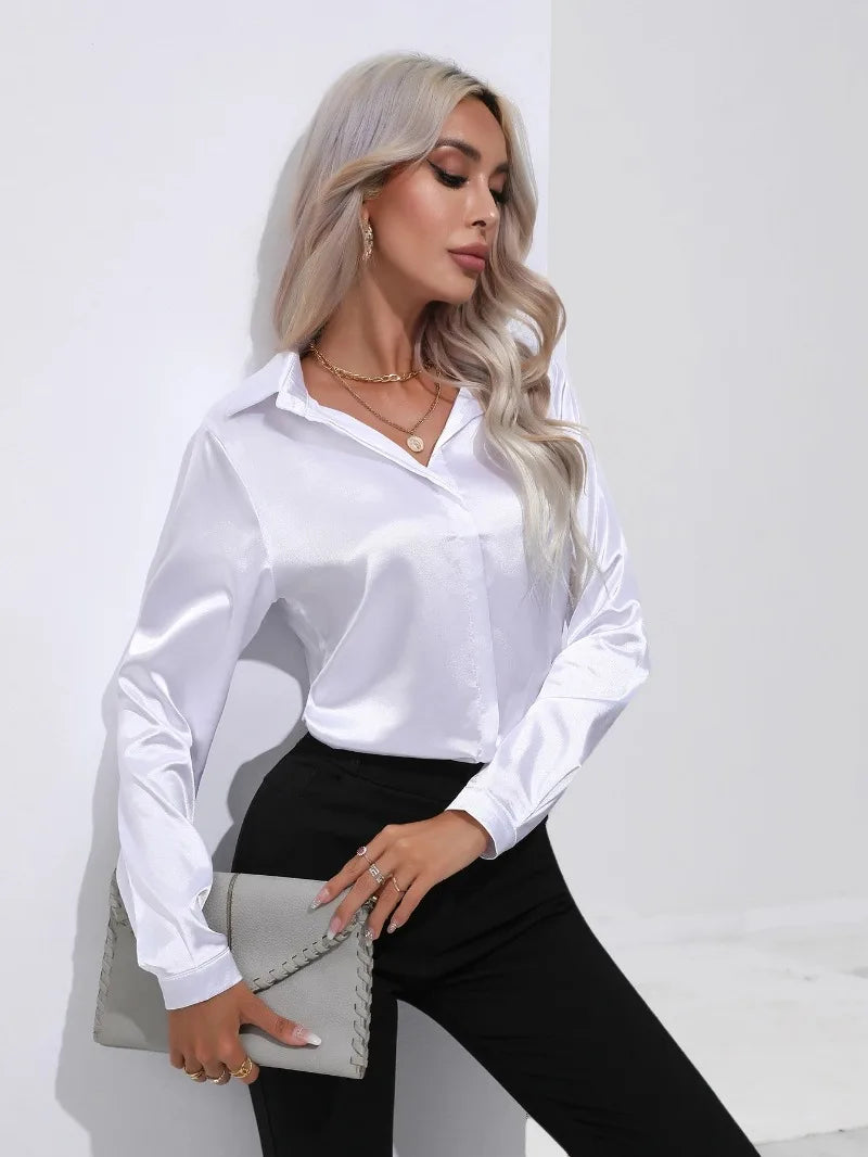 Women's Shirt with Single Breasted Long Sleeve Shirts Spring Summer Silk Shirt Office Lady Satin Turn-down Collar Casual Blouses