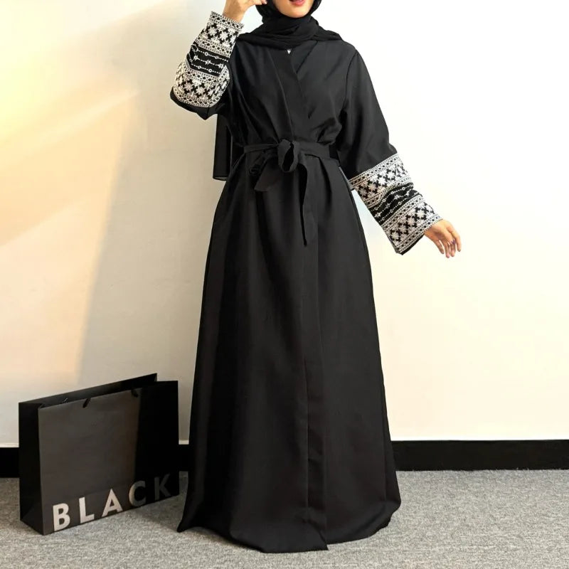 Open Front Abaya Long Sleeve Embroidered  Maxi Length Dress, Muslim Abayas Out Kaftans with Belt Women's Clothing Women Jilbabs