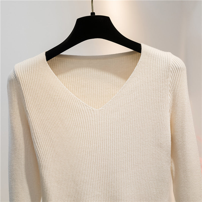 Women Knitted Shirts Fashion Female Autumn Winter Long Sleeve V-neck Skinny Elastic Casual Thin Sweater Pullover Tops Knitwear