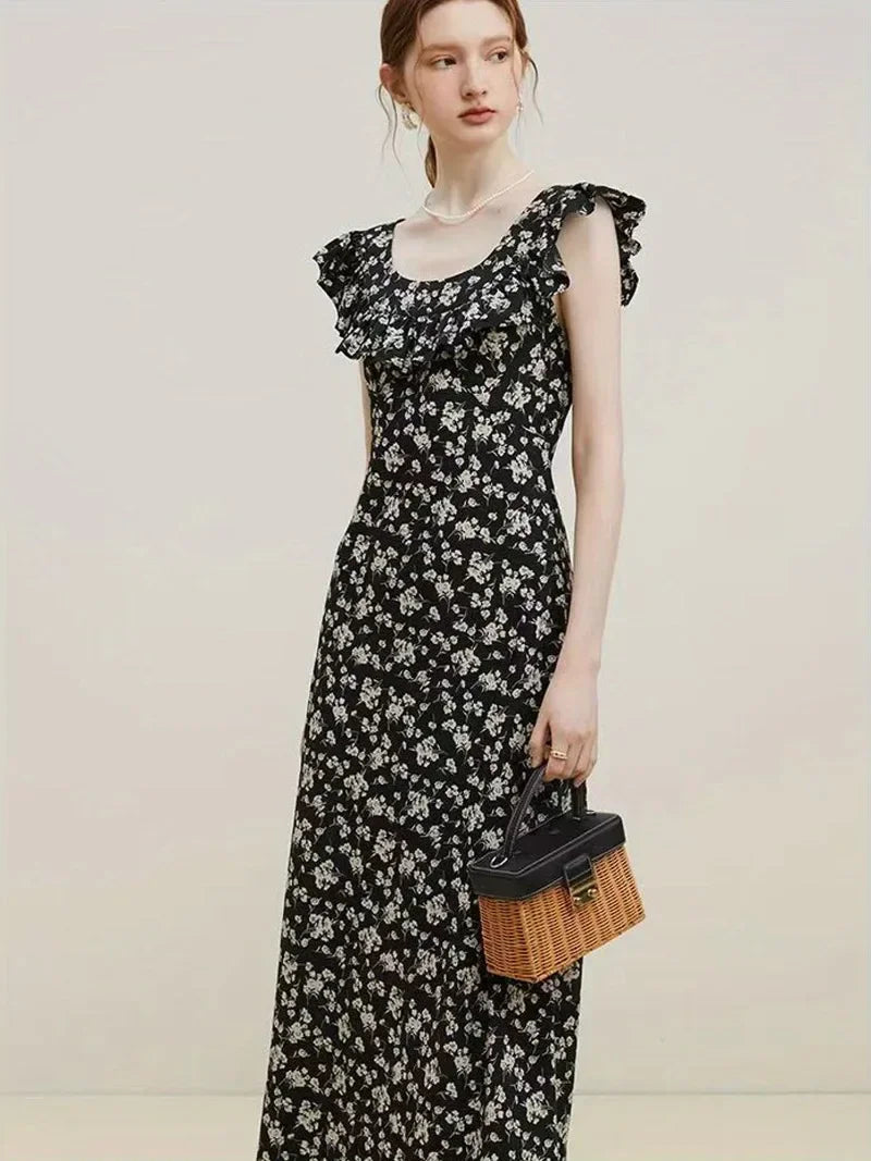 Spring Summer Chiffon Dress Women Sleeveless Dresses Vestidos Vintage Printed Floral A-line Midi Casual Dress with Side Zippers