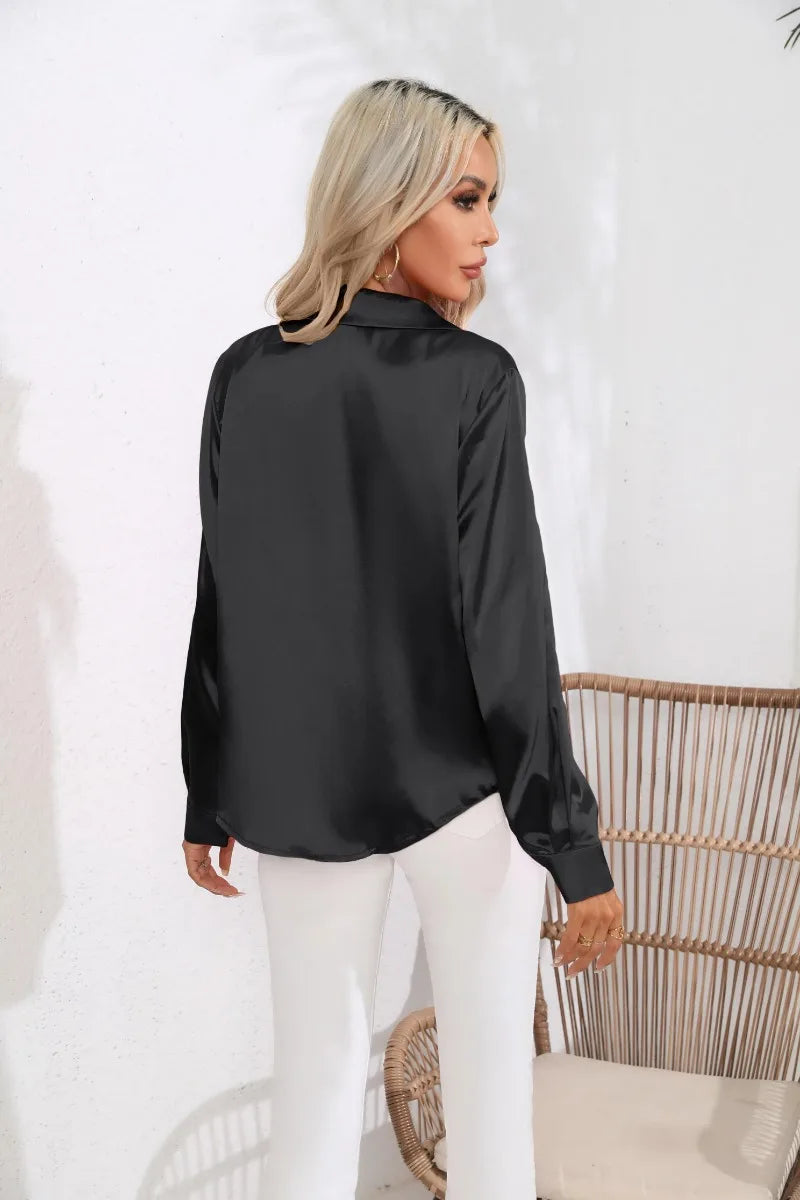 2024 Spring Summer Women Shirts Office Lady Woman Long Sleeve Satin Turn-down Collar Blouse with Single Breasted Female Blouses