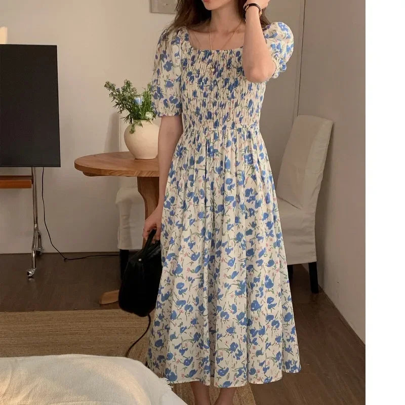 Spring Summer Printed Floral Dress Women Casual Dresses Elastic Waist Fashion Female Vestidos Short Sleeve A-line Dresses