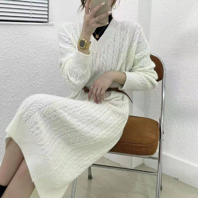 Autumn Winter Sweater Dress Women Kintted Dresses Fashion Female Long Sleeve Elastic V-neck Loose Casual Knitwear Dresses