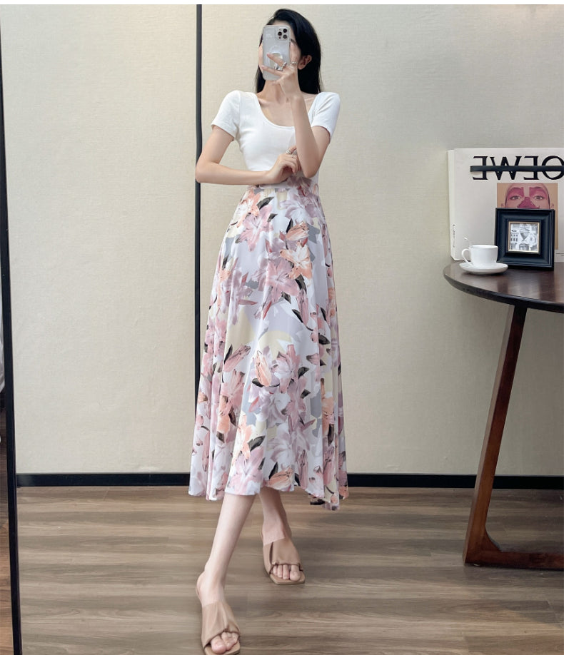 2022 Summer High Waist Women Skirts Casual Floral Printed Chiffon Woman Midi Skirts Bohemian Beach Holiday Long A-line Skirts