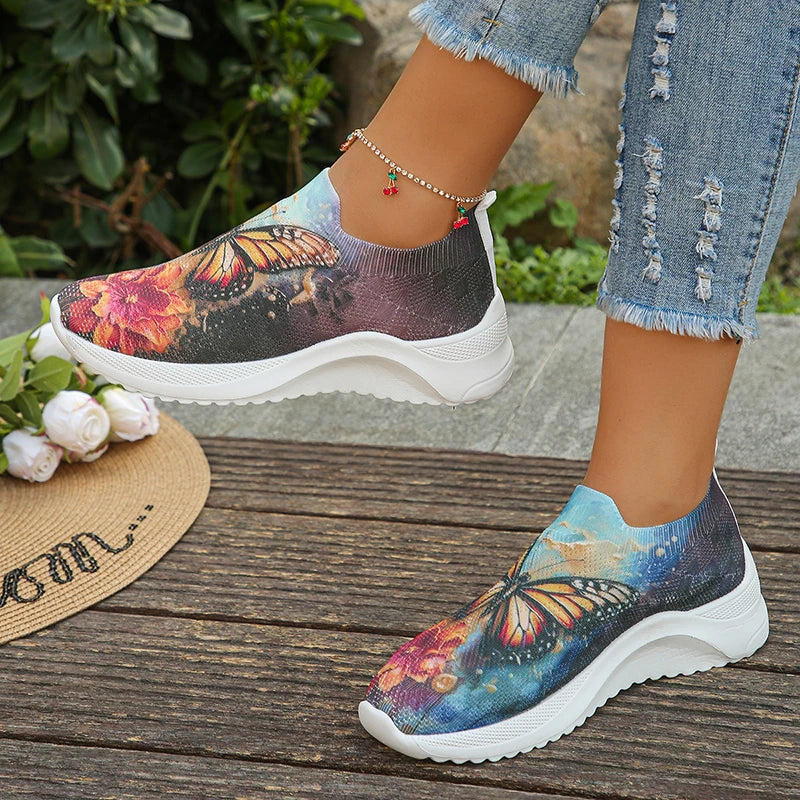 Butterfly Printed Breathable Knitted Sneakers for Women 2024 Spring Slip On Flat Heels Casual Shoes Woman Lightweight Loafers